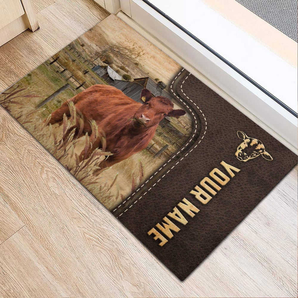 Farm House Door Mat, Red Angus Custom Name Leather Pattern Doormat, Custom Welcome Mats