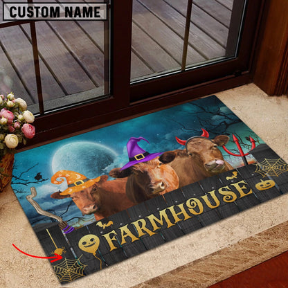 Farm House Door Mat, Red Angus Farmhouse Halloween Custom Name Doormat, Custom Welcome Mats