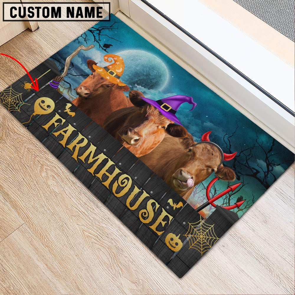 Farm House Door Mat, Red Angus Farmhouse Halloween Custom Name Doormat, Custom Welcome Mats