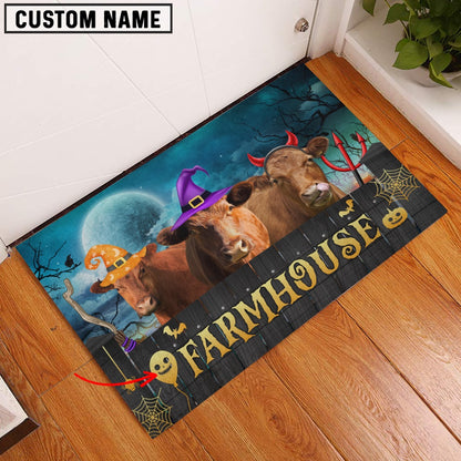 Farm House Door Mat, Red Angus Farmhouse Halloween Custom Name Doormat, Custom Welcome Mats