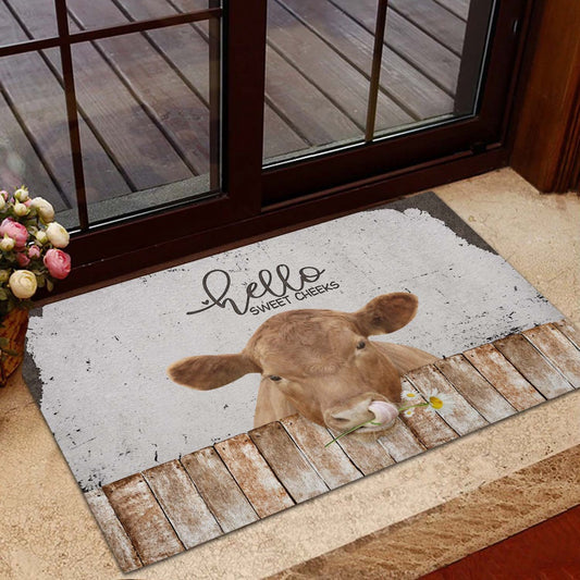 Farm House Door Mat, Red Angus Hello Sweet Checks Doormat, Custom Welcome Mats