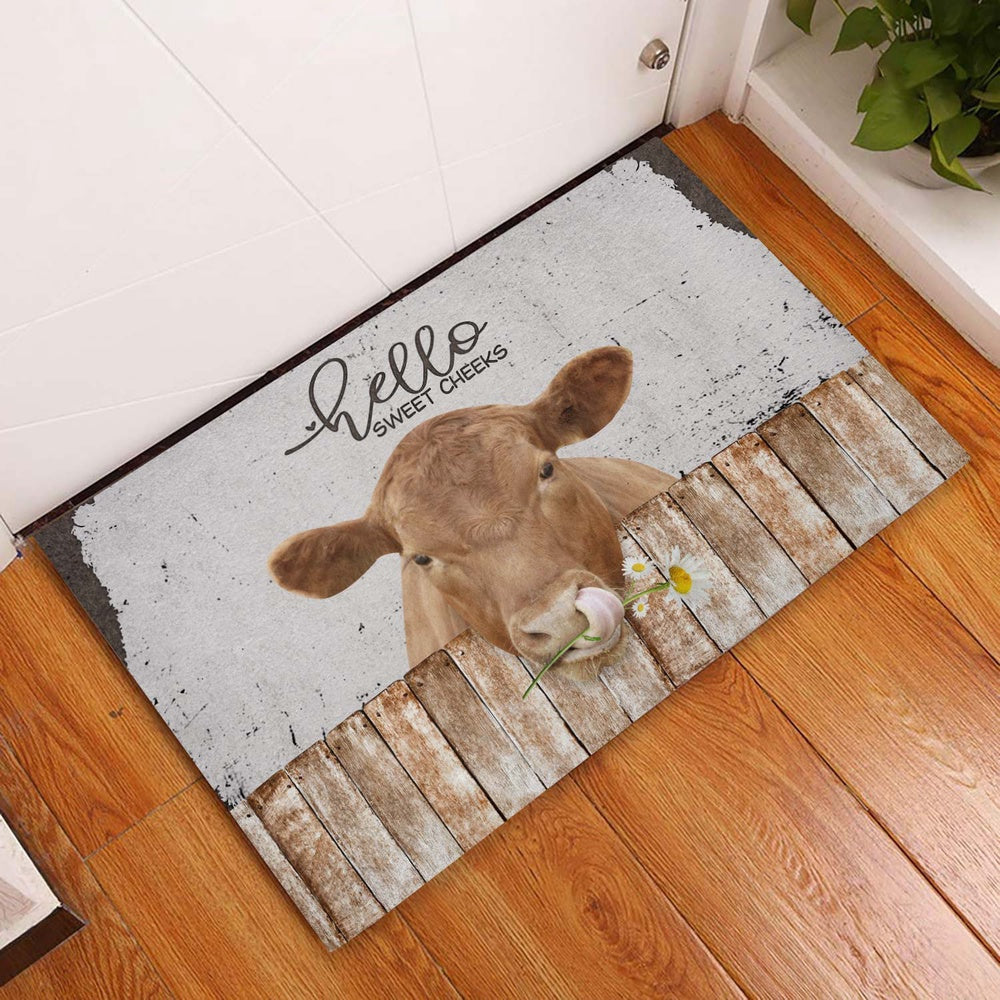 Farm House Door Mat, Red Angus Hello Sweet Checks Doormat, Custom Welcome Mats