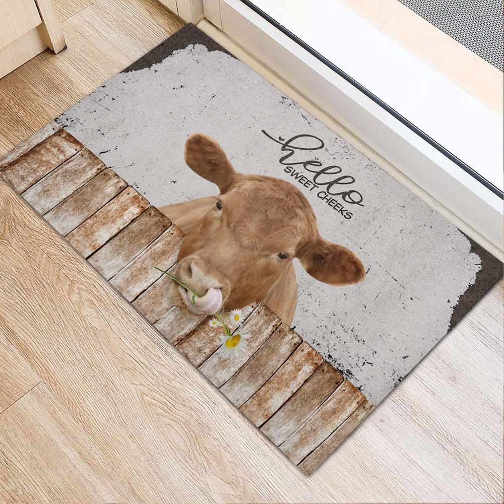 Farm House Door Mat, Red Angus Hello Sweet Checks Doormat, Custom Welcome Mats