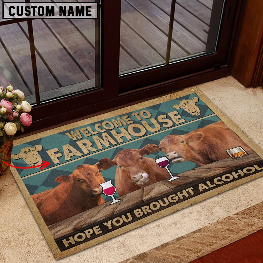 Farm House Door Mat, Red Angus Hope You Bought Alcohol Custom Name Doormat, Custom Welcome Mats