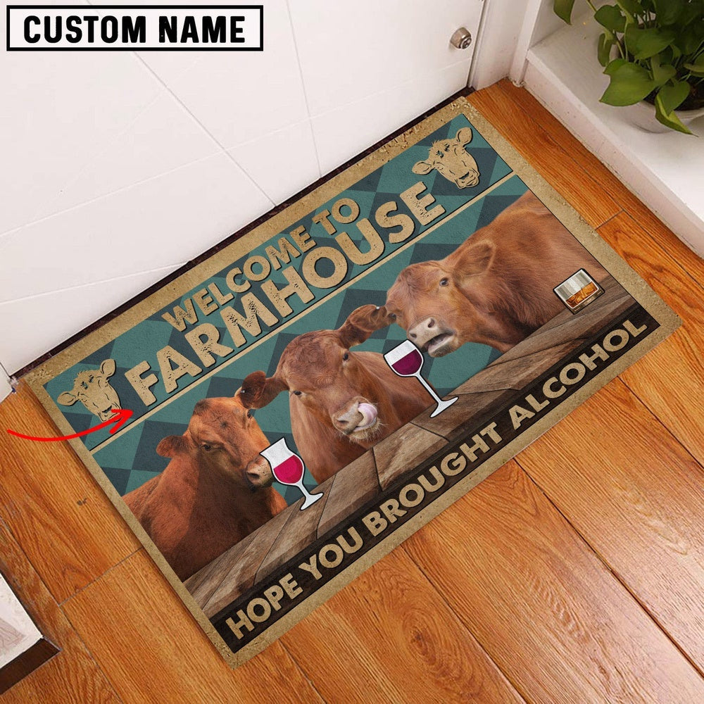 Farm House Door Mat, Red Angus Hope You Bought Alcohol Custom Name Doormat, Custom Welcome Mats