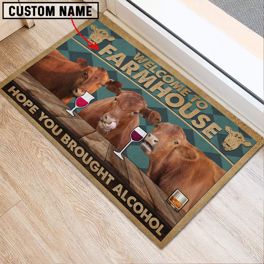 Farm House Door Mat, Red Angus Hope You Bought Alcohol Custom Name Doormat, Custom Welcome Mats