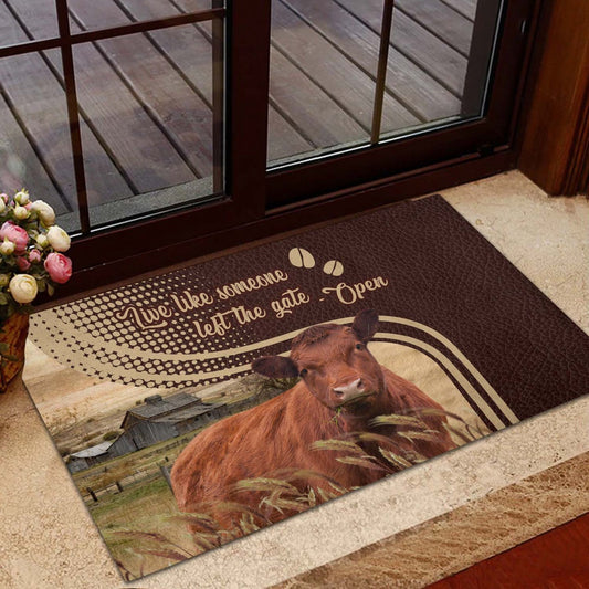 Farm House Door Mat, Red Angus Live Like Someone Left The Gate Open Doormat, Custom Welcome Mats