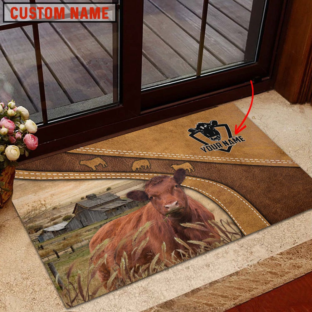 Farm House Door Mat, Red Angus Personalized Welcome Doormat, Custom Welcome Mats