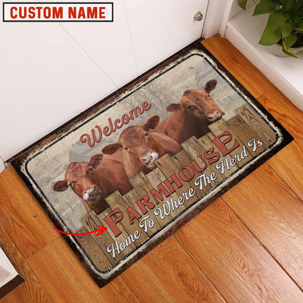 Farm House Door Mat, Red Angus Welcome Custom Name Doormat, Custom Welcome Mats
