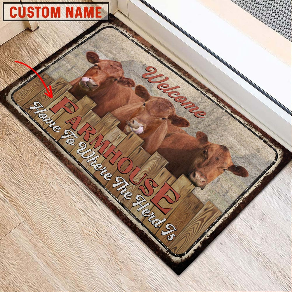 Farm House Door Mat, Red Angus Welcome Custom Name Doormat, Custom Welcome Mats