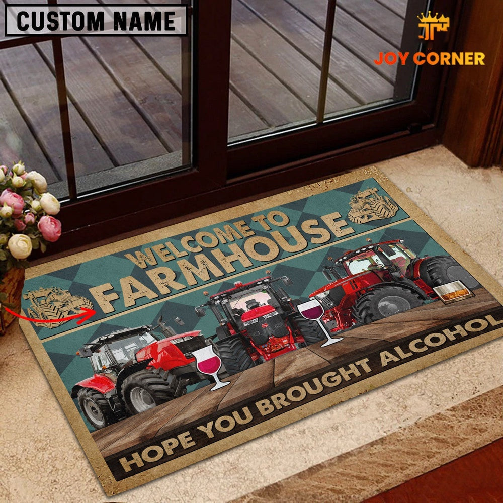 Farm House Door Mat, Red Tractor Hope You Bought Alcohol Custom Name Doormat, Custom Welcome Mats
