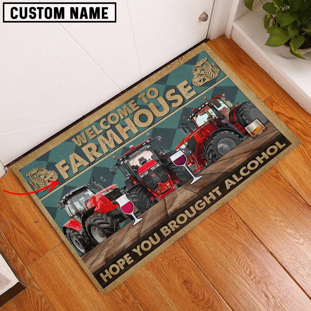Farm House Door Mat, Red Tractor Hope You Bought Alcohol Custom Name Doormat, Custom Welcome Mats
