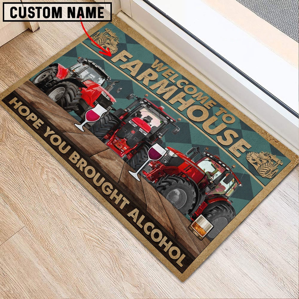 Farm House Door Mat, Red Tractor Hope You Bought Alcohol Custom Name Doormat, Custom Welcome Mats