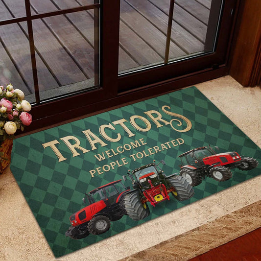 Farm House Door Mat, Red Tractor Welcome People Tolerated Doormat, Custom Welcome Mats