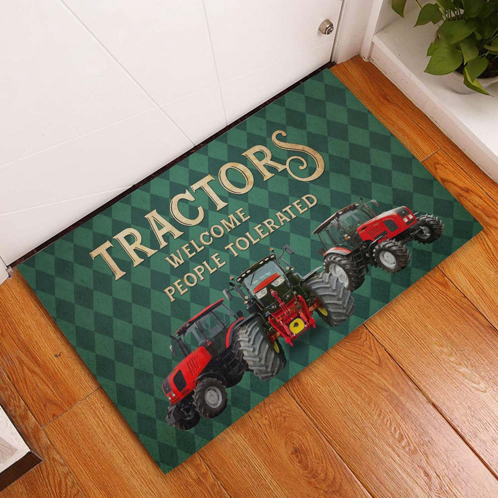 Farm House Door Mat, Red Tractor Welcome People Tolerated Doormat, Custom Welcome Mats