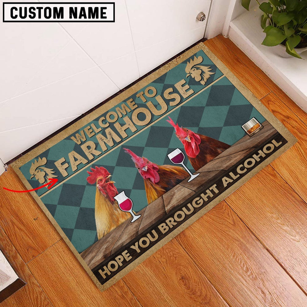 Farm House Door Mat, Rooster Hope You Bought Alcohol Custom Name Doormat, Custom Welcome Mats