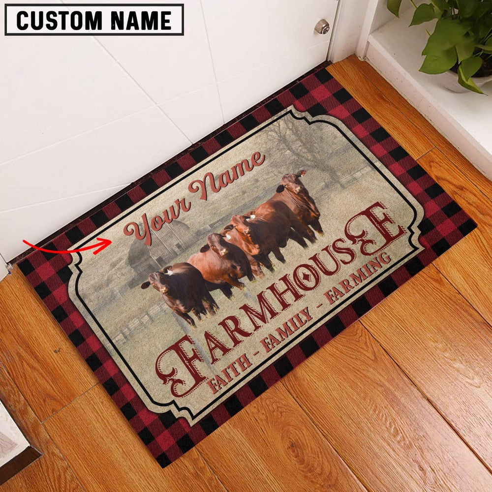 Farm House Door Mat, Santa Gertrudis Faith Family Farming Custom Name Doormat, Custom Welcome Mats