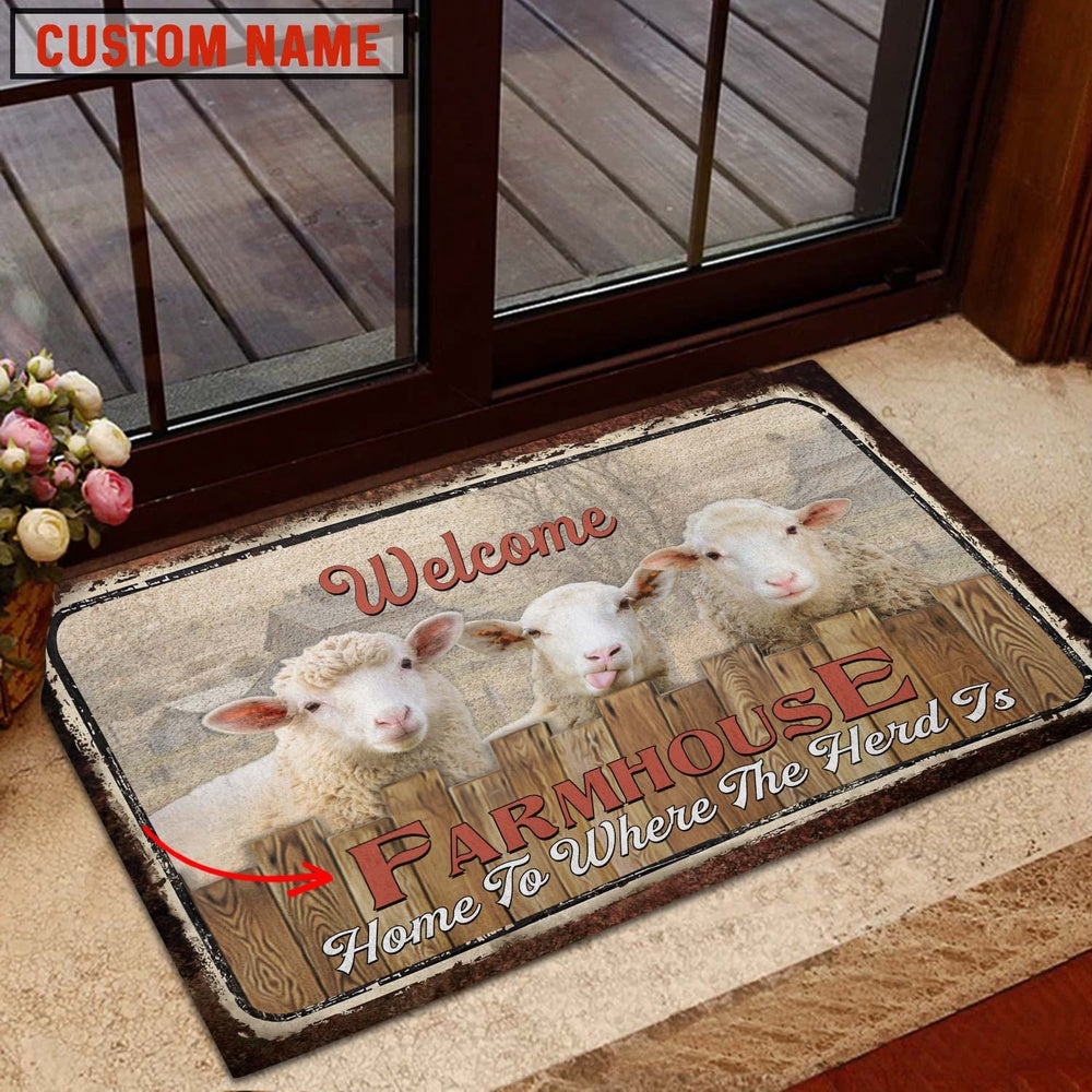 Farm House Door Mat, Sheep Custom Name Home To Where The Herd Is FarmHouse Doormat, Custom Welcome Mats