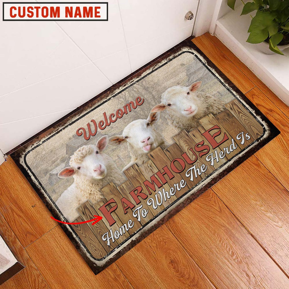 Farm House Door Mat, Sheep Custom Name Home To Where The Herd Is FarmHouse Doormat, Custom Welcome Mats