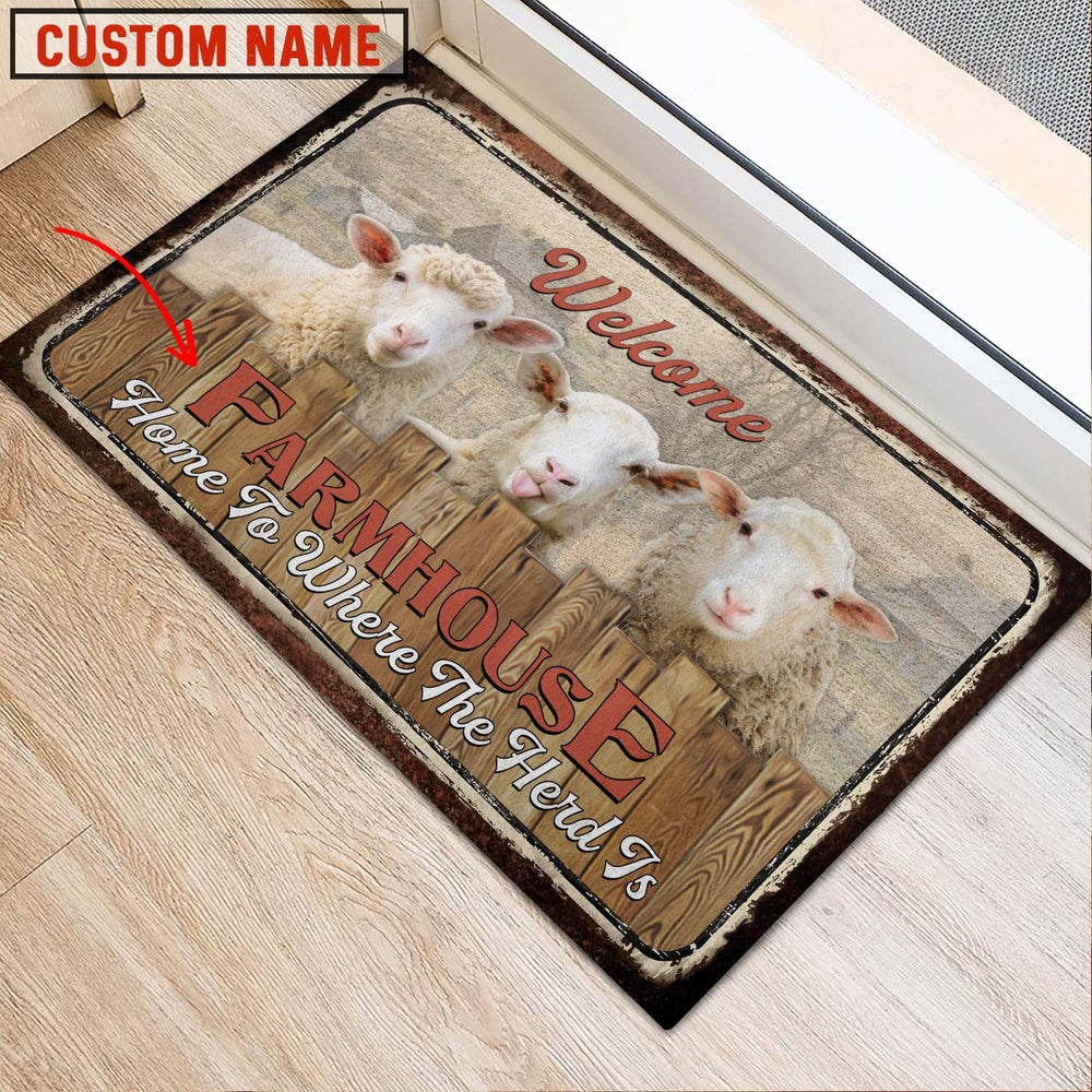 Farm House Door Mat, Sheep Custom Name Home To Where The Herd Is FarmHouse Doormat, Custom Welcome Mats
