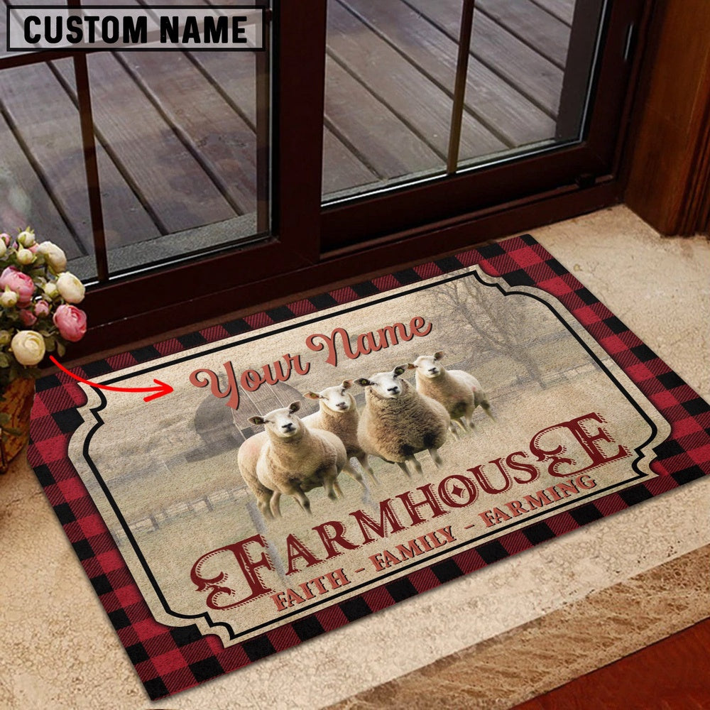 Farm House Door Mat, Sheep Faith Family Farming Custom Name Doormat, Custom Welcome Mats