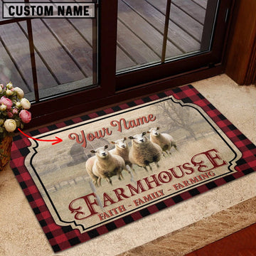 Farm House Door Mat, Sheep Faith Family Farming Custom Name Doormat, Custom Welcome Mats