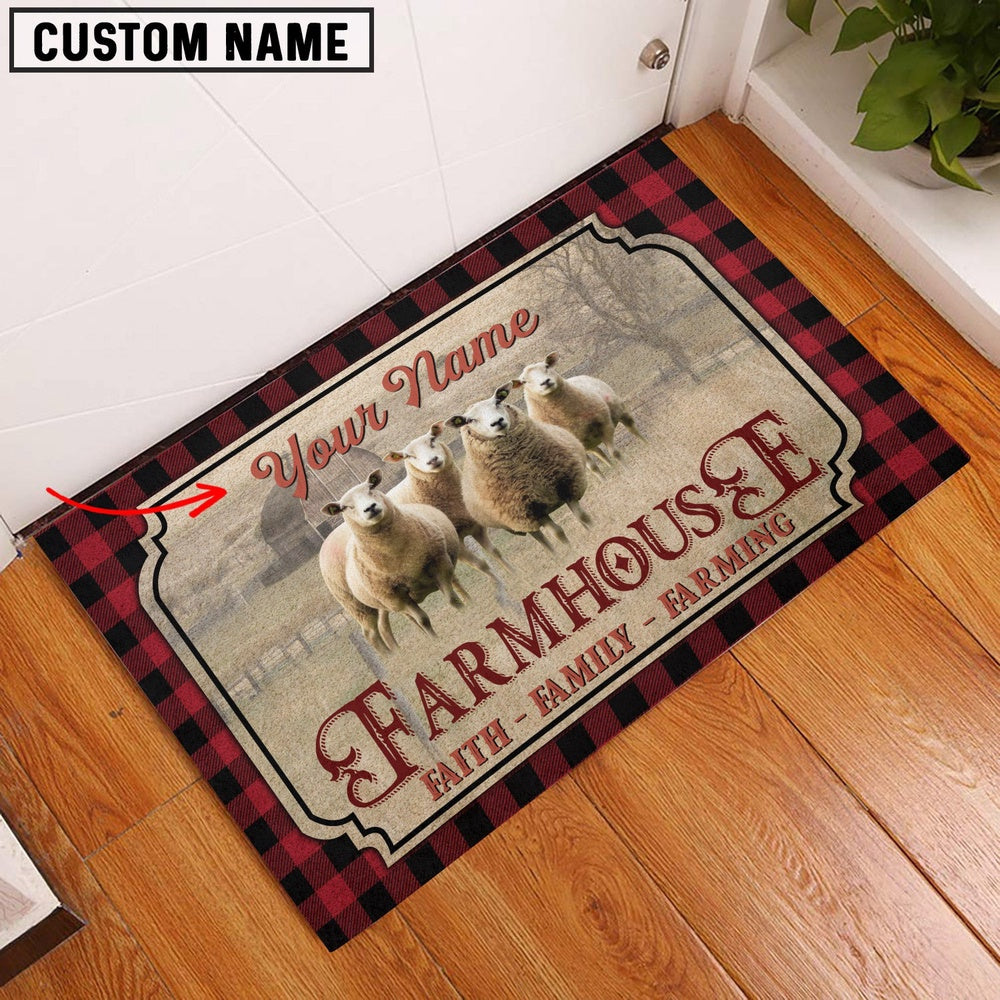 Farm House Door Mat, Sheep Faith Family Farming Custom Name Doormat, Custom Welcome Mats