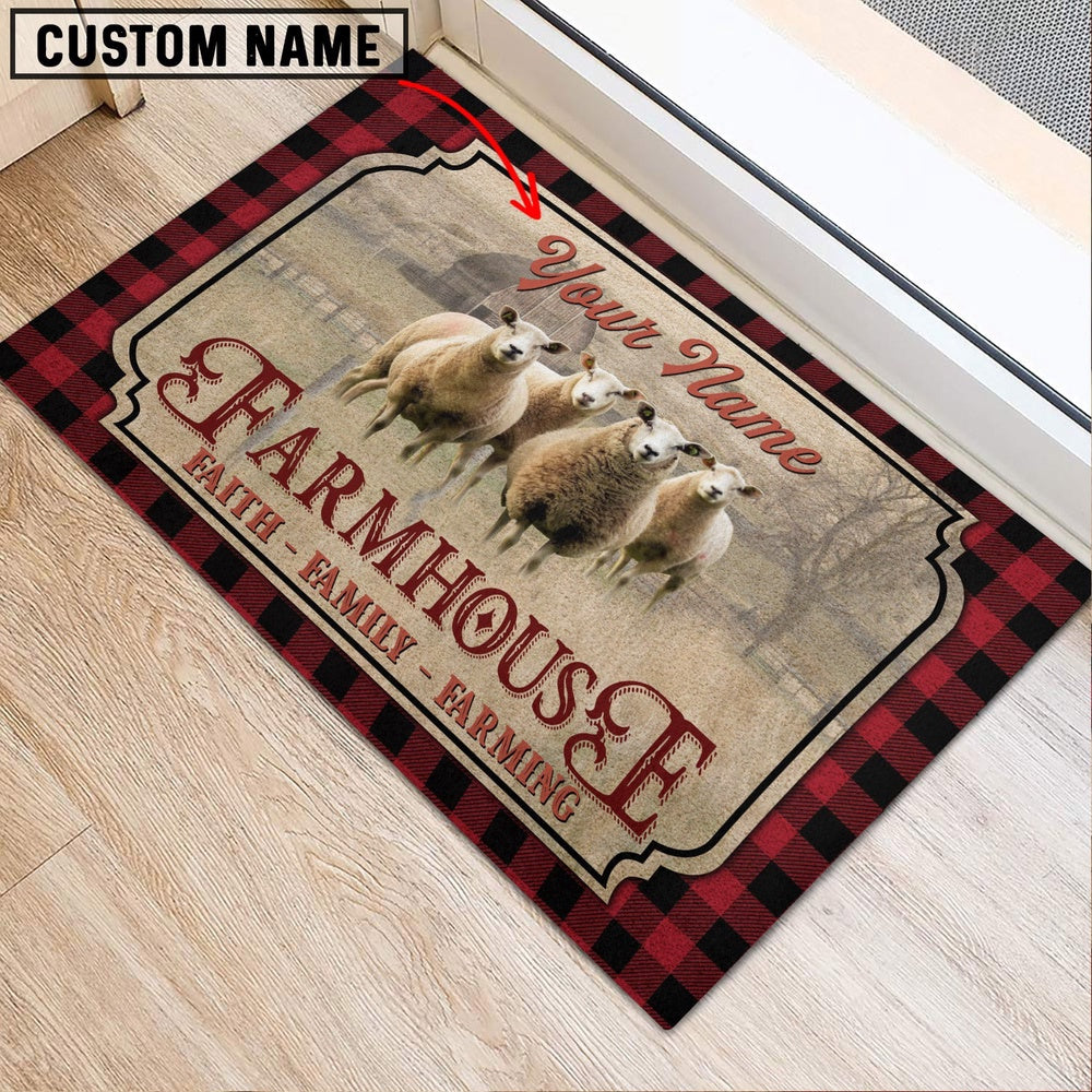 Farm House Door Mat, Sheep Faith Family Farming Custom Name Doormat, Custom Welcome Mats
