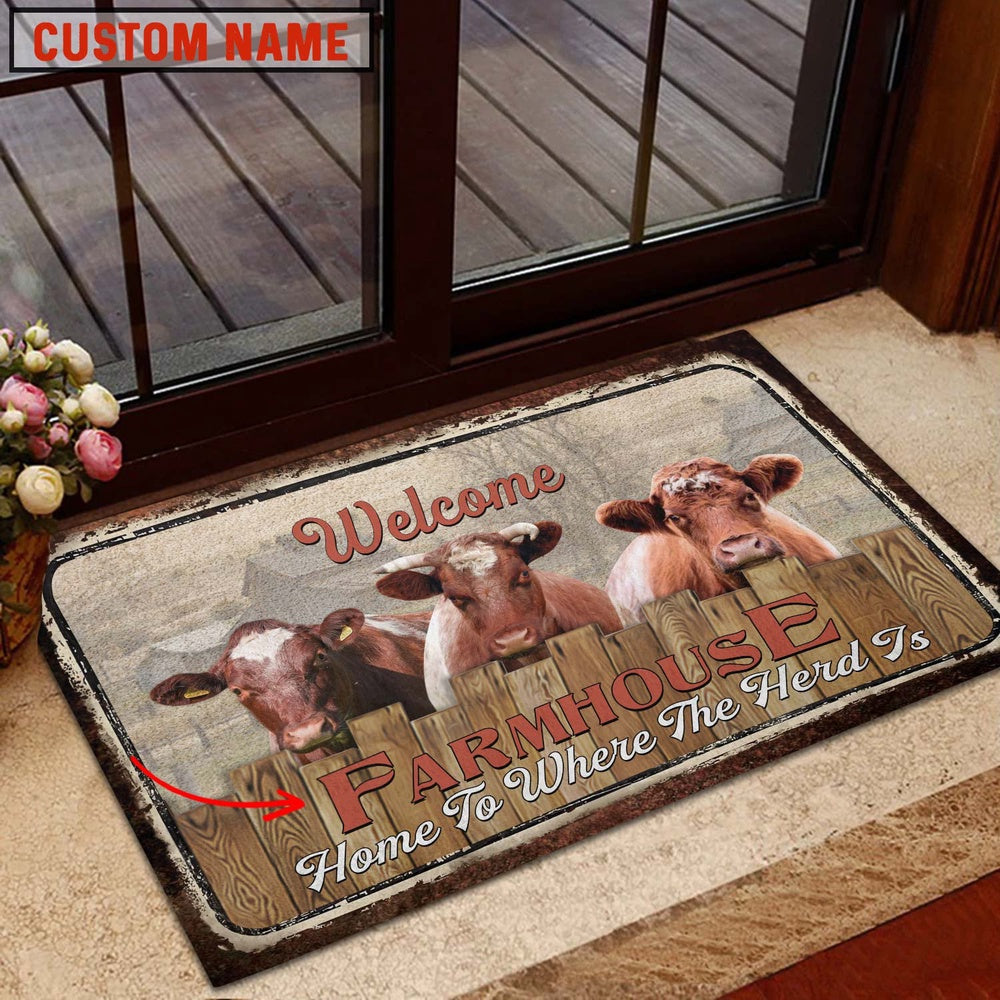 Farm House Door Mat, Shorthorn Custom Name Home To Where The Herd Is FarmHouse Doormat, Custom Welcome Mats