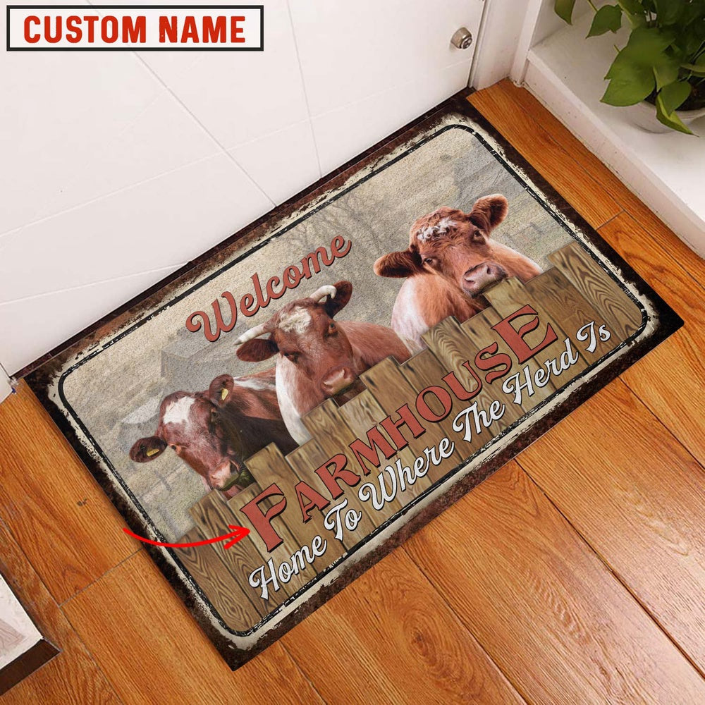 Farm House Door Mat, Shorthorn Custom Name Home To Where The Herd Is FarmHouse Doormat, Custom Welcome Mats