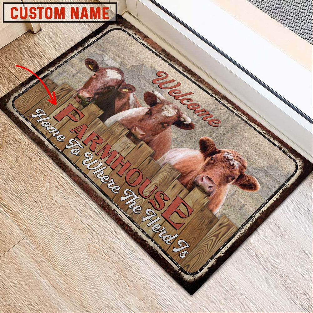 Farm House Door Mat, Shorthorn Custom Name Home To Where The Herd Is FarmHouse Doormat, Custom Welcome Mats
