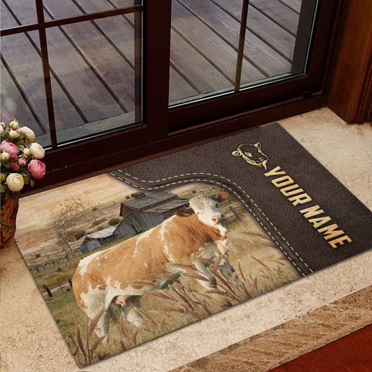 Farm House Door Mat, Simmental Custom Name Leather Pattern Doormat, Custom Welcome Mats