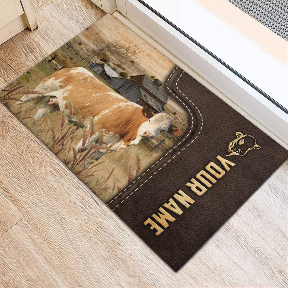 Farm House Door Mat, Simmental Custom Name Leather Pattern Doormat, Custom Welcome Mats