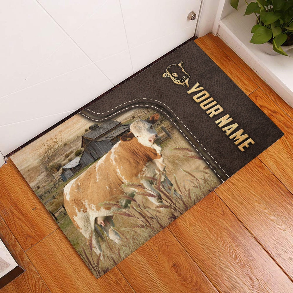 Farm House Door Mat, Simmental Custom Name Leather Pattern Doormat, Custom Welcome Mats