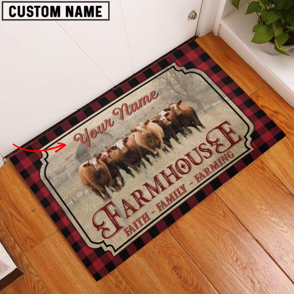 Farm House Door Mat, Simmental Faith Family Farming Custom Name Doormat, Custom Welcome Mats