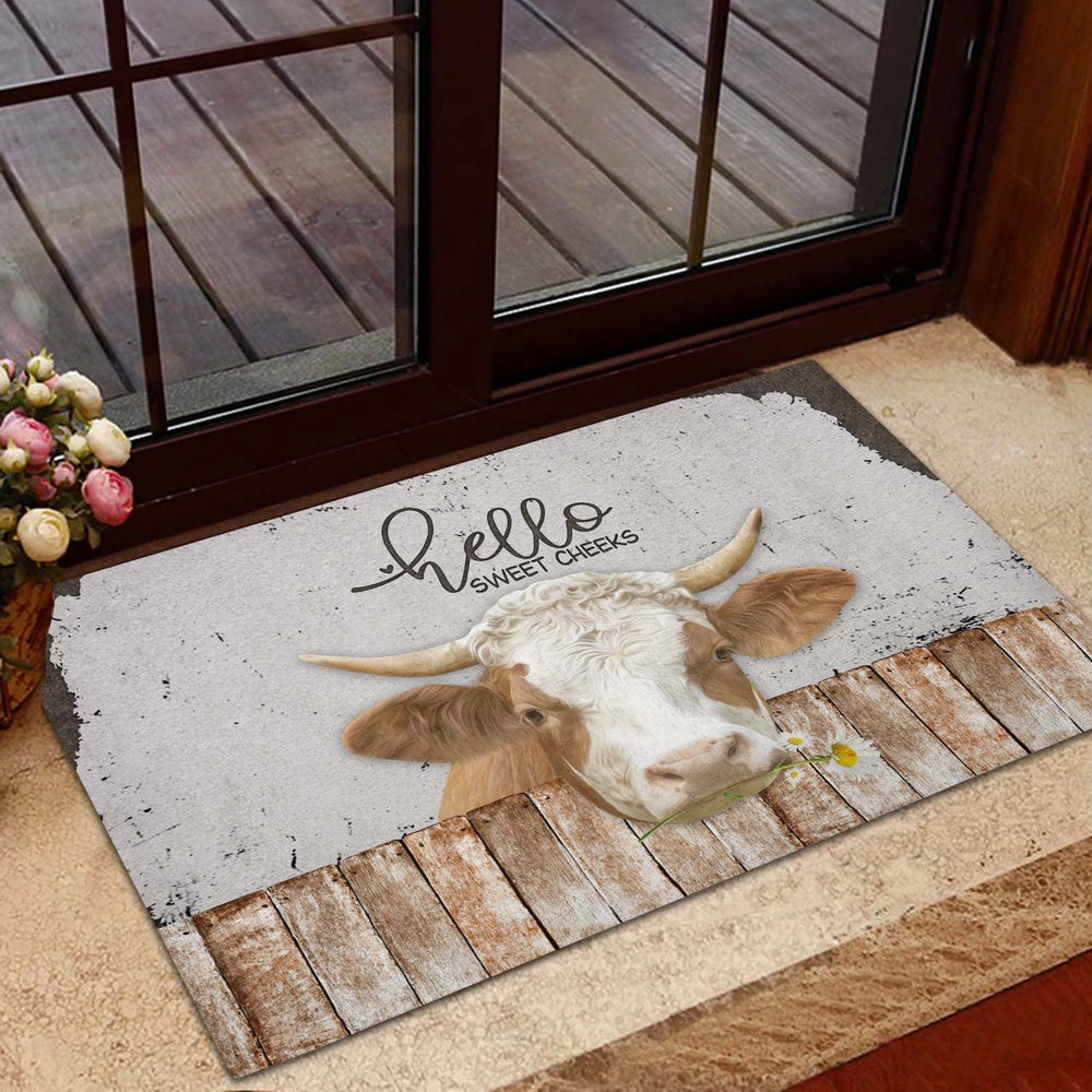 Farm House Door Mat, Simmental Hello Sweet Checks Doormat, Custom Welcome Mats