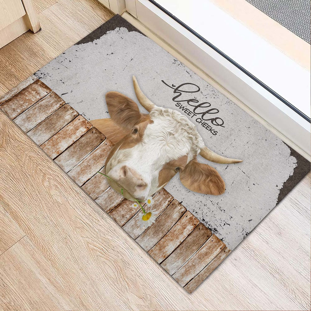 Farm House Door Mat, Simmental Hello Sweet Checks Doormat, Custom Welcome Mats