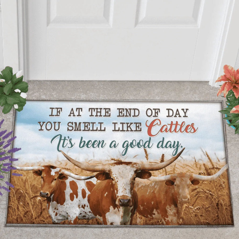 Farm House Door Mat, TX Longhorn Cattle Lover Good Day Doormat, Custom Welcome Mats