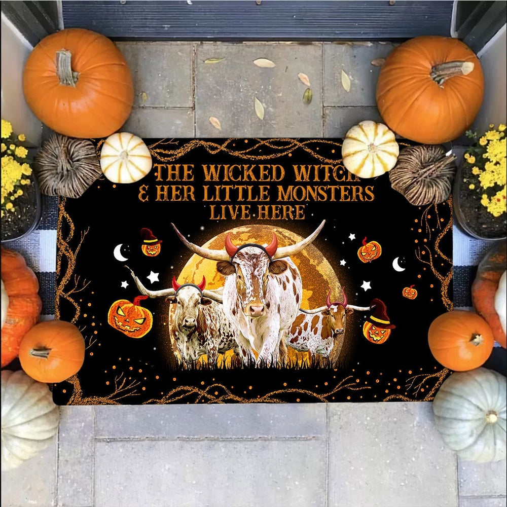 Farm House Door Mat, TX Longhorn The Wicked Witch And Her Little Monsters Live Here Doormat, Custom Welcome Mats