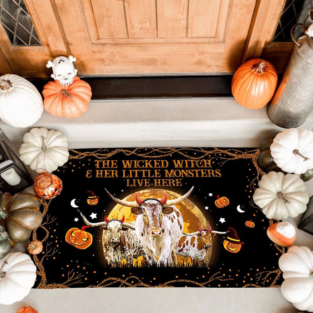 Farm House Door Mat, TX Longhorn The Wicked Witch And Her Little Monsters Live Here Doormat, Custom Welcome Mats