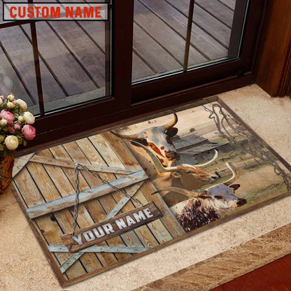 Farm House Door Mat, Texas Longhorn Barn Custom Name Doormat, Custom Welcome Mats