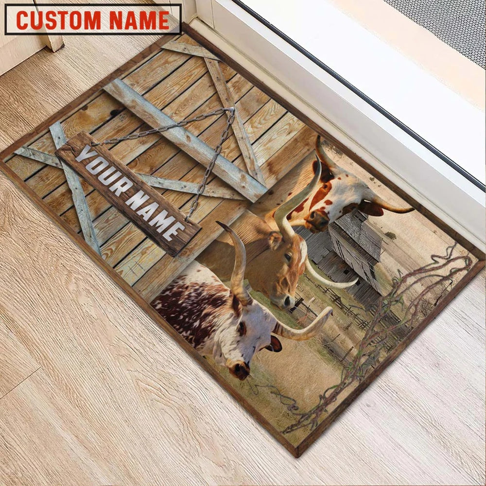 Farm House Door Mat, Texas Longhorn Barn Custom Name Doormat, Custom Welcome Mats
