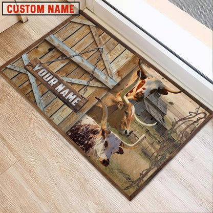 Farm House Door Mat, Texas Longhorn Barn Custom Name Doormat, Custom Welcome Mats