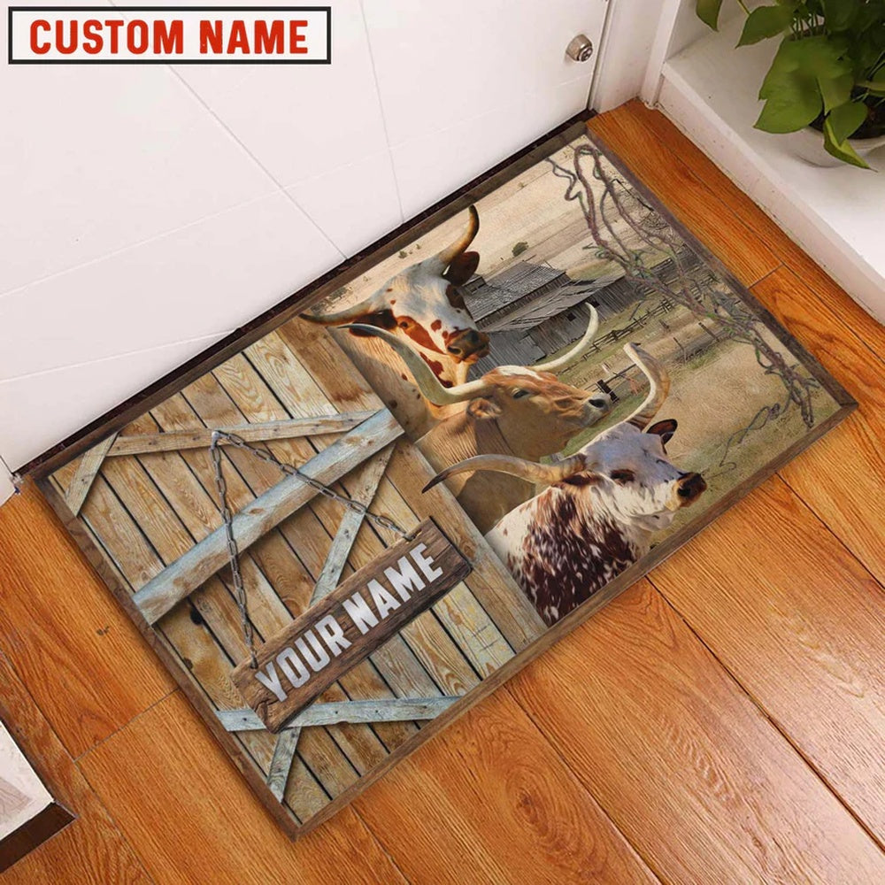 Farm House Door Mat, Texas Longhorn Barn Custom Name Doormat, Custom Welcome Mats