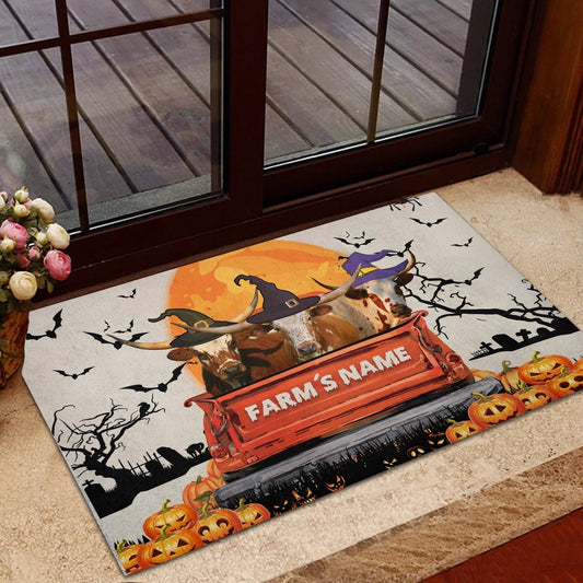 Farm House Door Mat, Texas Longhorn Custom Farm Name Halloween Doormat, Custom Welcome Mats
