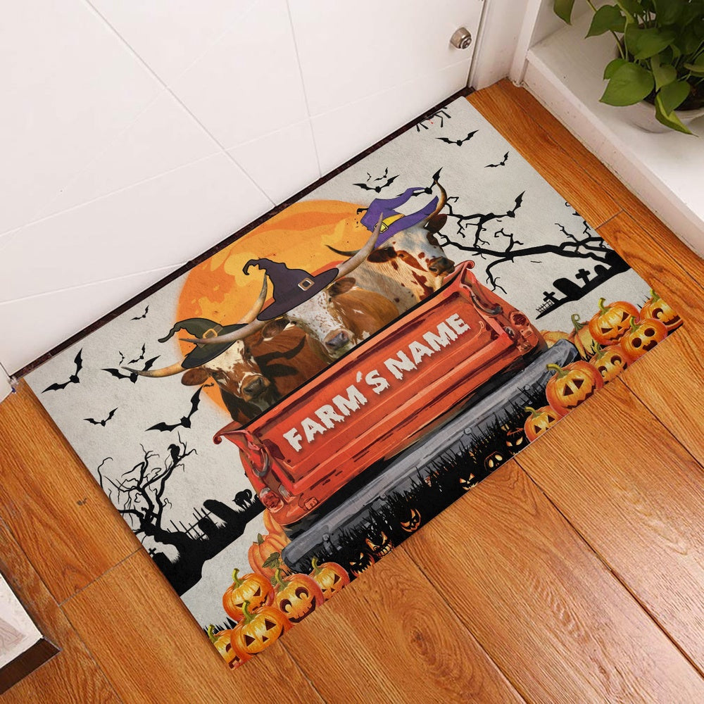 Farm House Door Mat, Texas Longhorn Custom Farm Name Halloween Doormat, Custom Welcome Mats