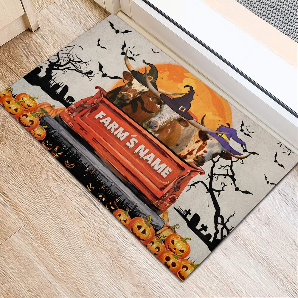 Farm House Door Mat, Texas Longhorn Custom Farm Name Halloween Doormat, Custom Welcome Mats