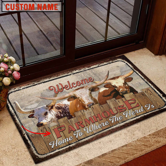 Farm House Door Mat, Texas Longhorn Custom Name Home To Where The Herd Is FarmHouse Doormat, Custom Welcome Mats