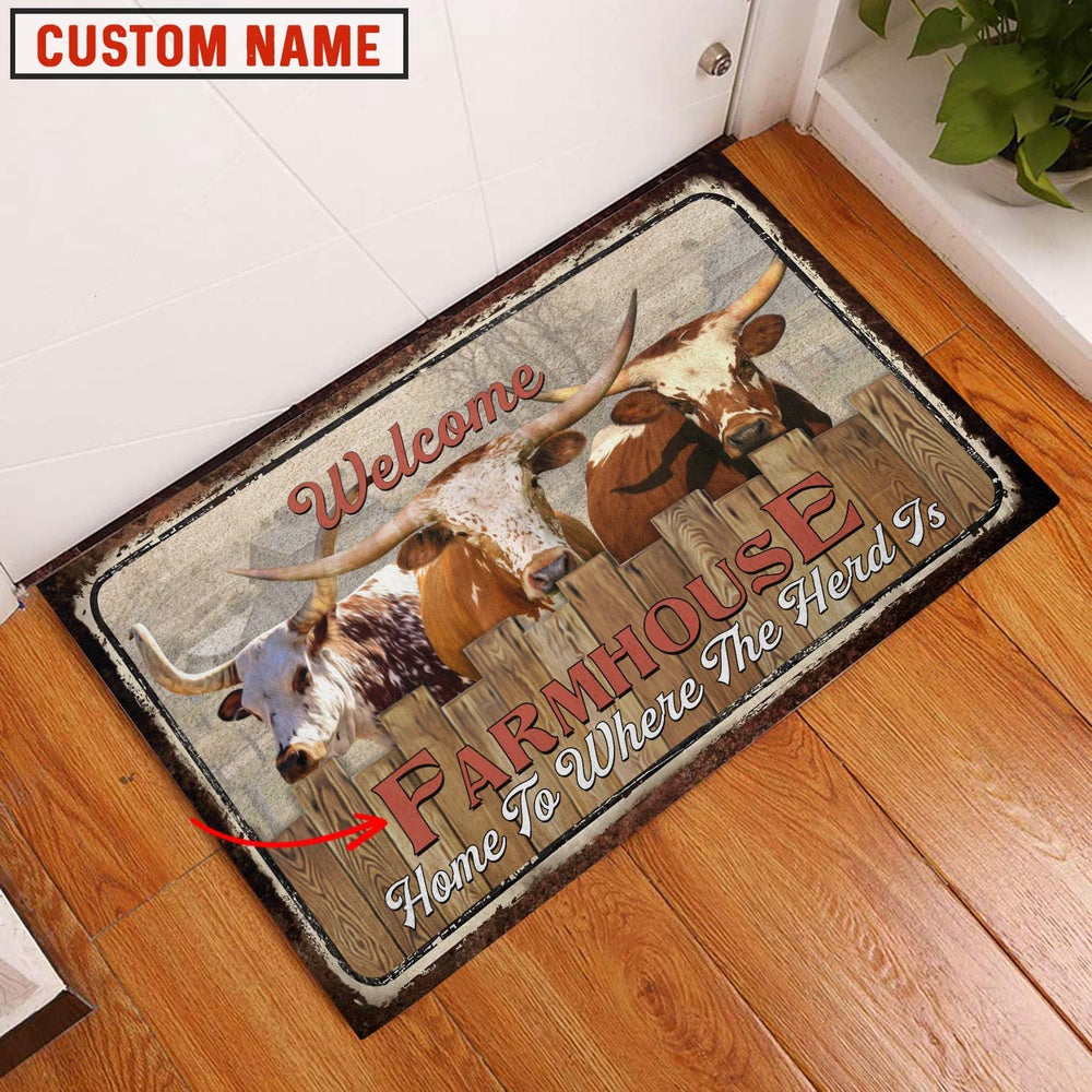 Farm House Door Mat, Texas Longhorn Custom Name Home To Where The Herd Is FarmHouse Doormat, Custom Welcome Mats