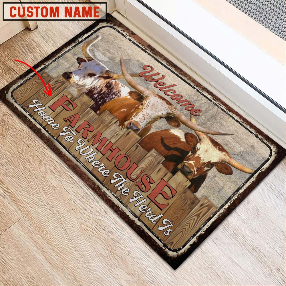 Farm House Door Mat, Texas Longhorn Custom Name Home To Where The Herd Is FarmHouse Doormat, Custom Welcome Mats